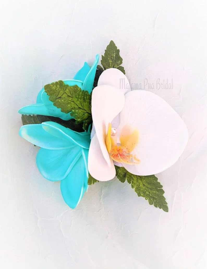 silk turquoise plumeria and white orchid headpiece