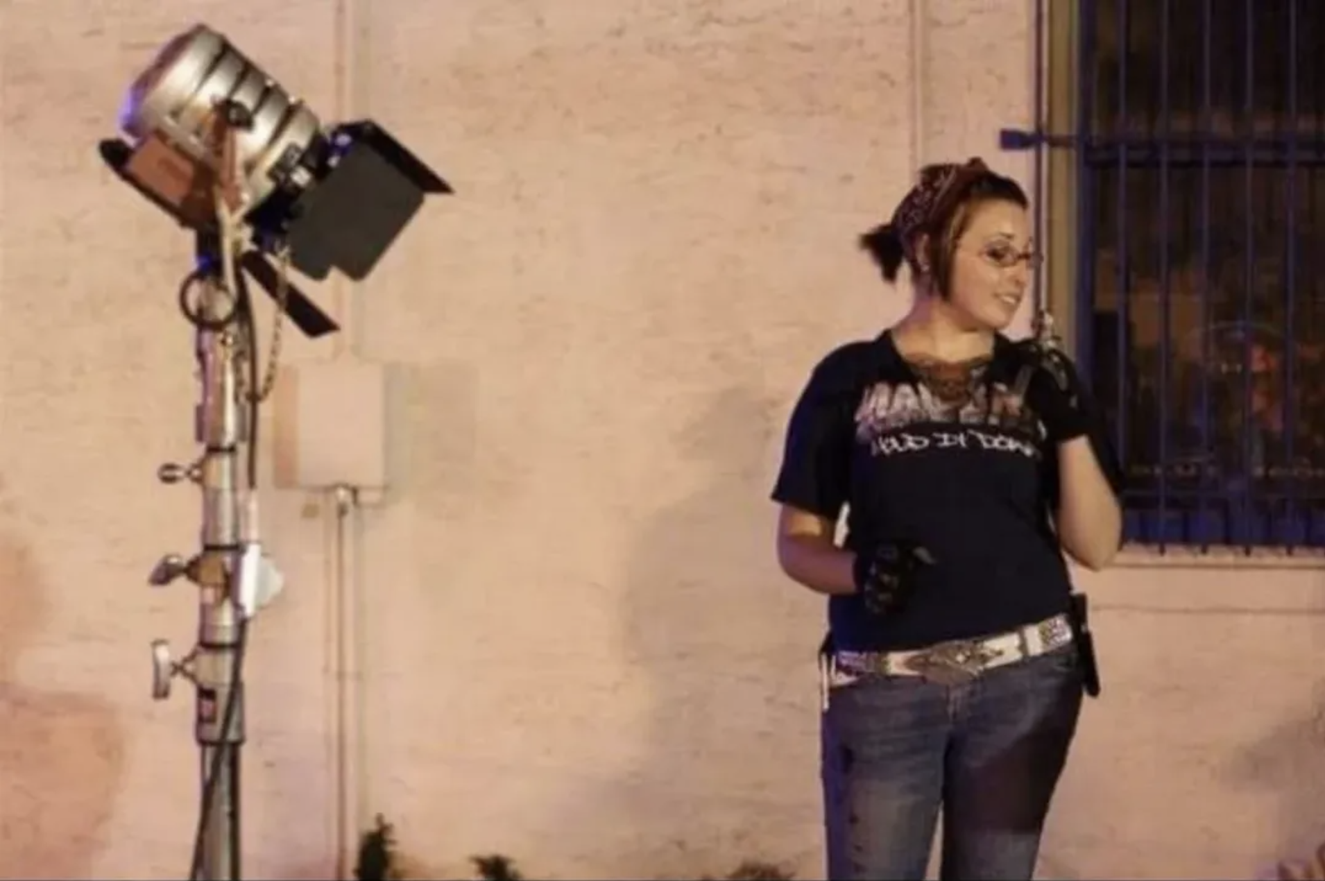 Filmmaker Steph Zakas working as a grip on set in Orlando, Florida