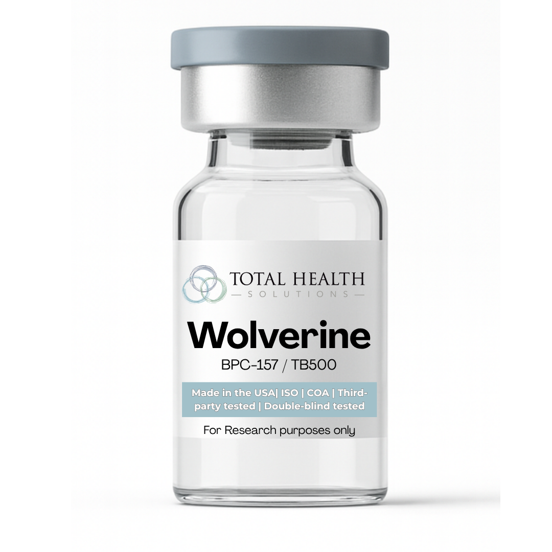 A clear glass bottle labeled Wolverine by Total Health Solutions, indicating it is for research purposes only, made in the USA, third-party tested, and double-blind tested.