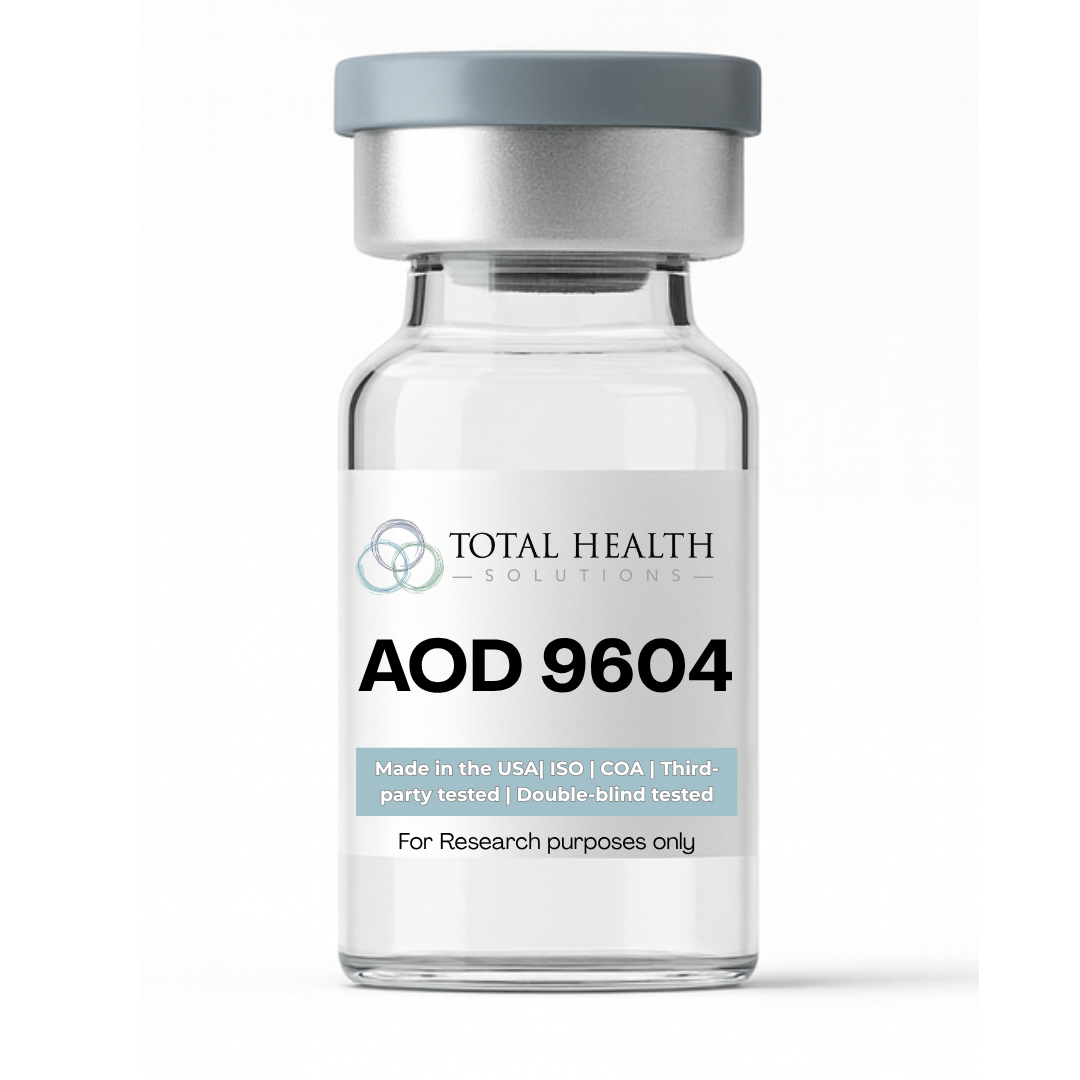 A research vial labeled "AOD 9604" from Total Health Solutions, with a gray cap and white label, indicating it is made in the USA, third-party tested, and for research purposes only.