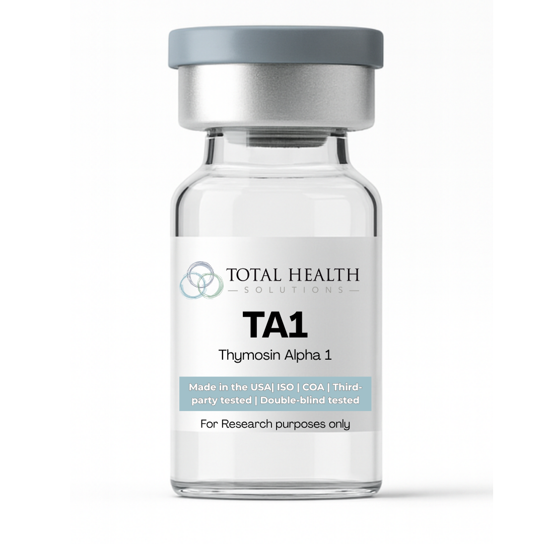 A clear glass vial labeled 'TA1 Thymosin Alpha 1' from Total Health Solutions, with a white label indicating it is made in the USA, ISO, COA, third-party tested, double-blind tested, and for research purposes only.