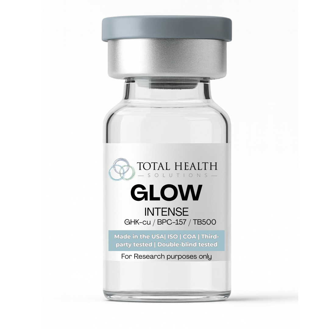 A small, clear glass vial with a gray cap, labeled "Total Health Solutions Glow Intense," indicating it is for research purposes only, made in the USA, and third-party tested.