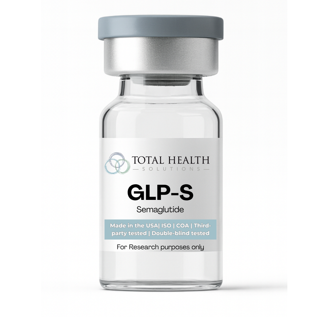 A glass vial labeled 'GLP-S Semaglutide' from Total Health Solutions, indicating it is for research purposes only.