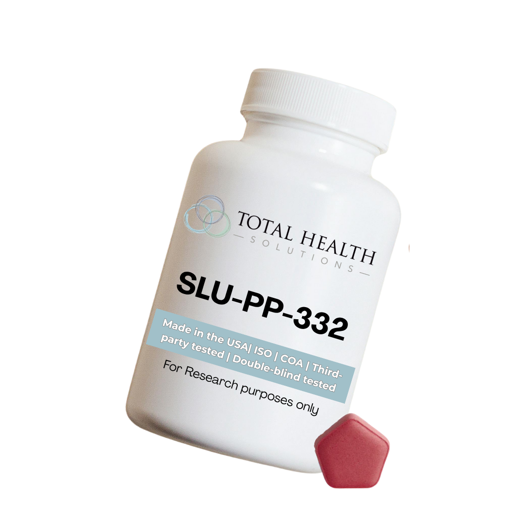 White bottle labeled Total Health Solutions with the text SLU-PP-332 and a pink pentagon-shaped pill in front of it, isolated on a white background.