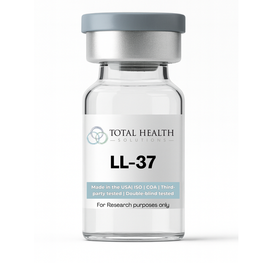 A small vial labeled 'LL-37' from Total Health Solutions, with detailed descriptions about its research use, manufacturing details, and testing standards.