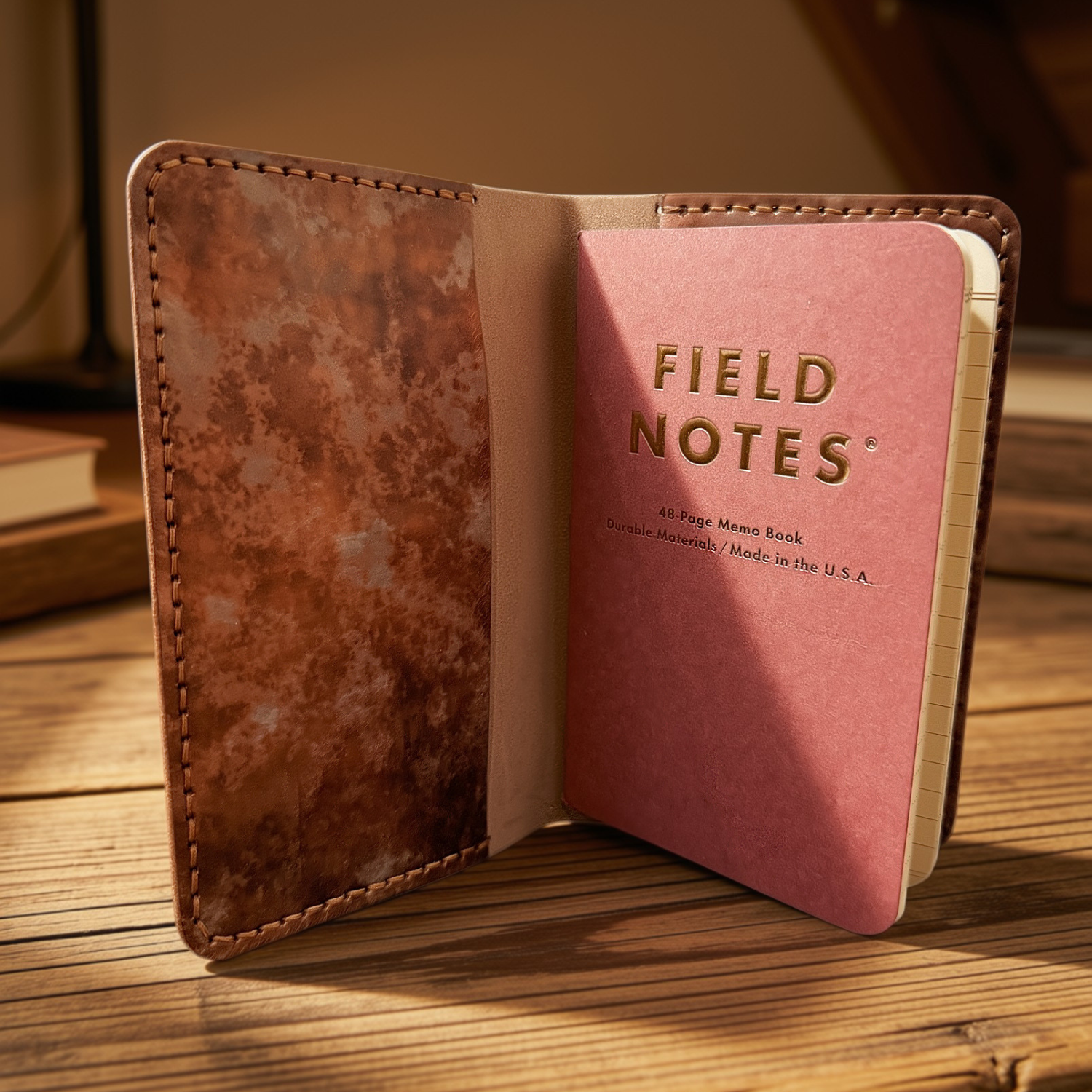Copper marble vegetable-tanned leather Field Notes folio with hand stitching, handmade by JAB Leatherworks