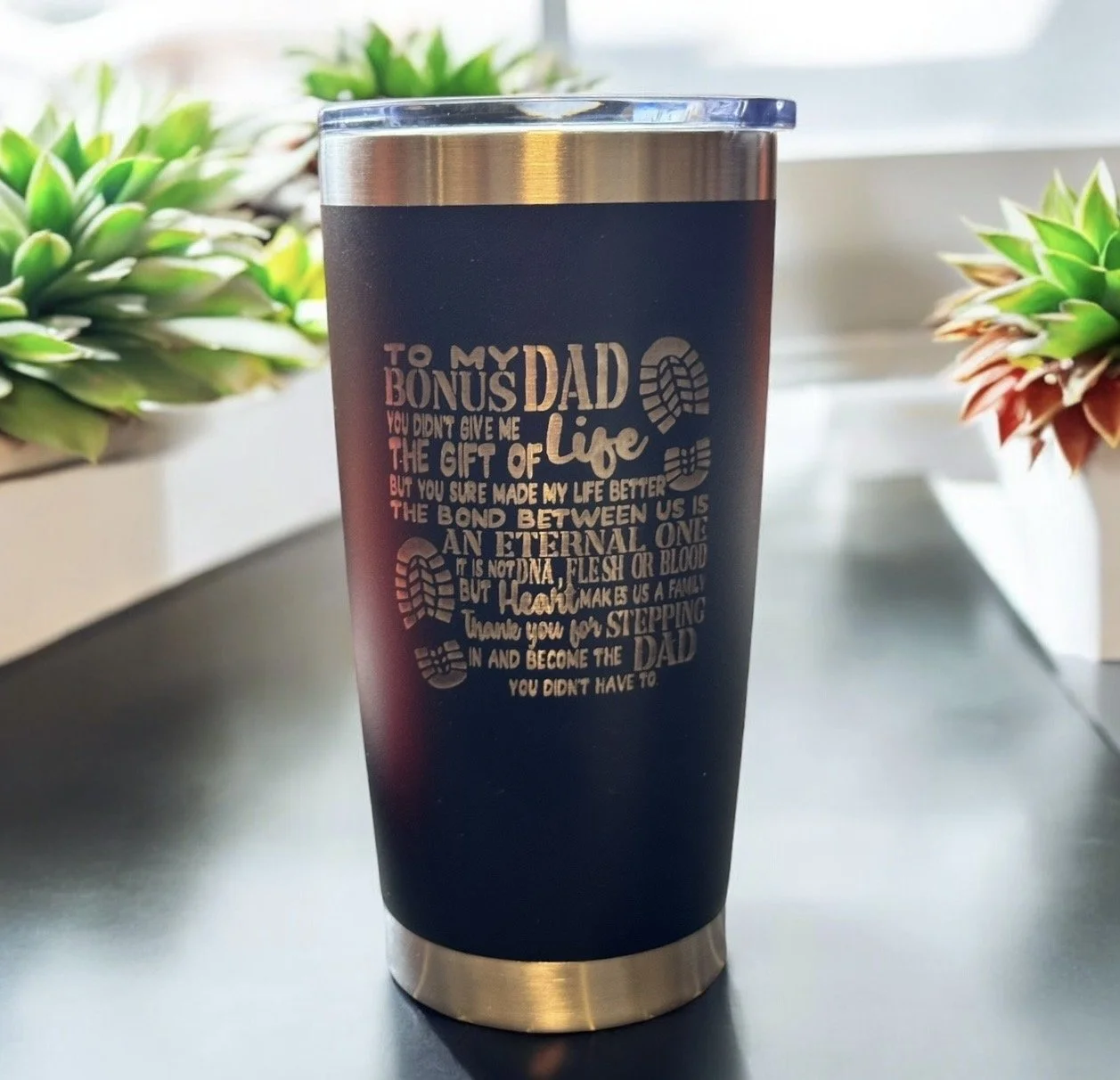 Personalized laser engraved tumbler with custom name, handcrafted in Canada