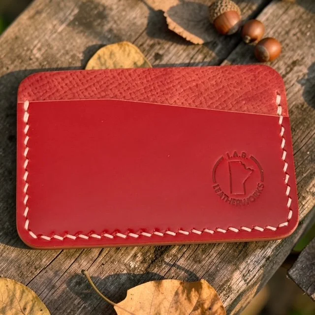 two-texture red shell cordovan card holder with natural stitching, J.A.B. Leatherworks.