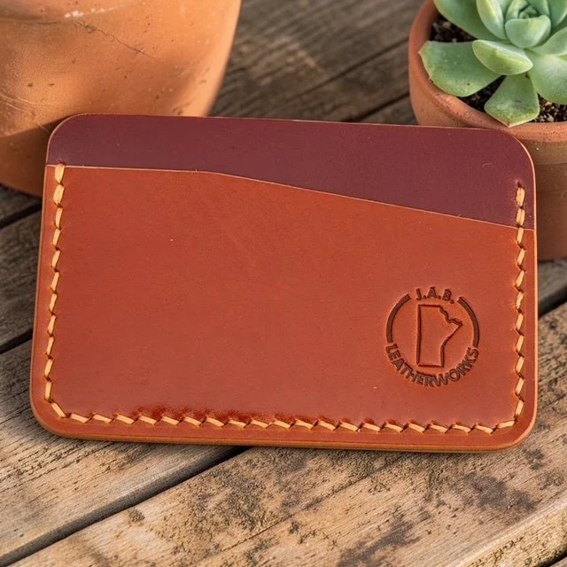 oxblood & tan two-tone shell cordovan card holder by J.A.B. Leatherworks.