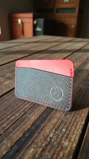Red & Black Full Grain Horizontal Card Holder with Red Stitching | Ready to Ship