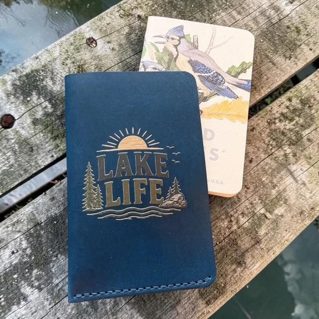Navy blue full-grain leather Field Notes sheath with UV printed Lake Life design