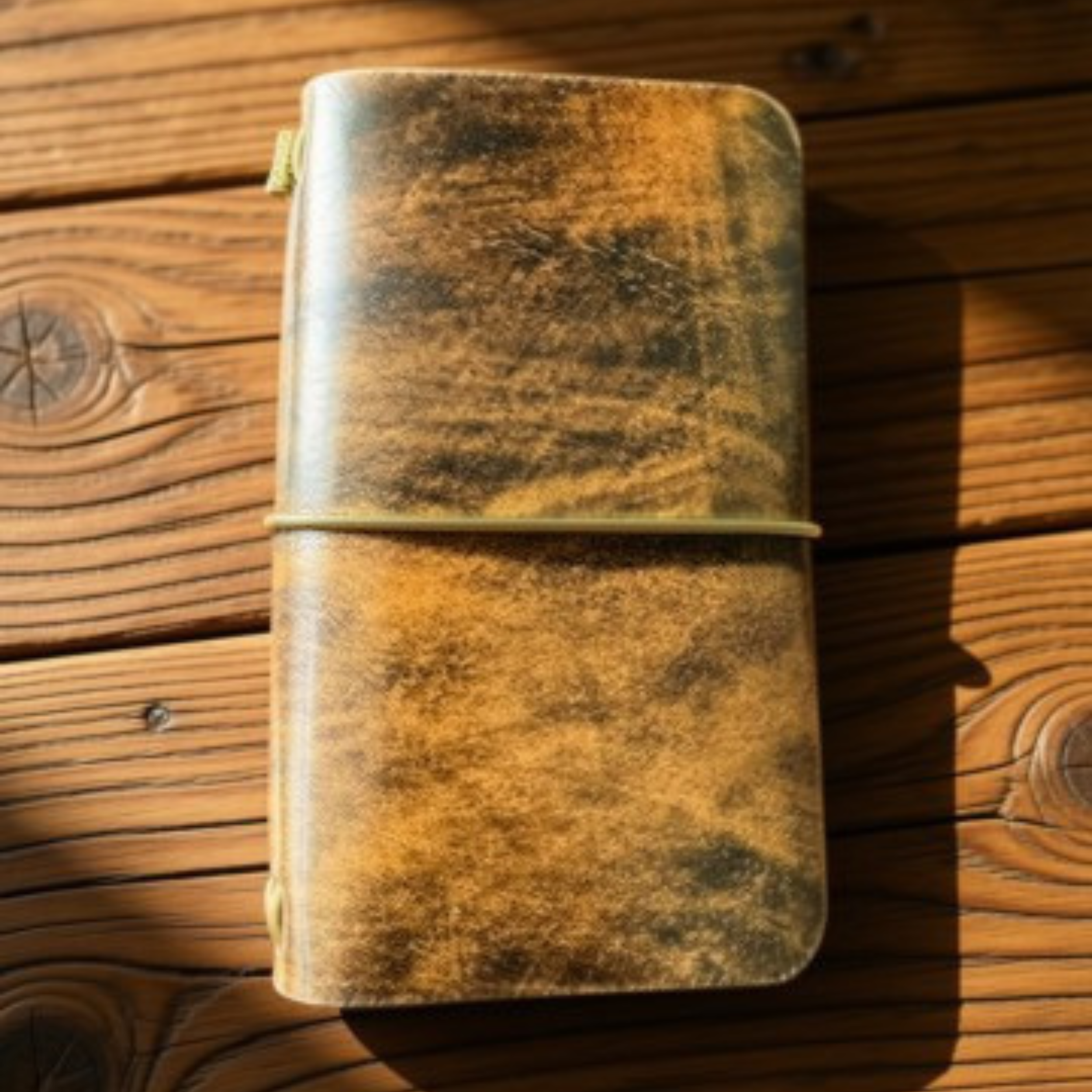 Marble vegetable-tanned leather Field Notes tri-fold cover with cord closure on a wood table, handmade by JAB Leatherworks