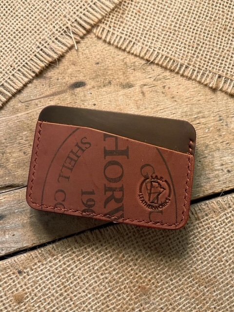 Horween shell cordovan horizontal card holder showing grain and flesh sides of the same hide in contrasting chestnut and chocolate, handcrafted by J.A.B. Leatherworks, Canada.