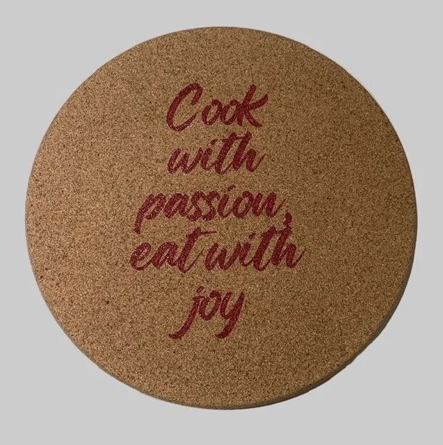 Personalized Cork Trivet Custom Laser Engraved in Red Cook with Passion Design