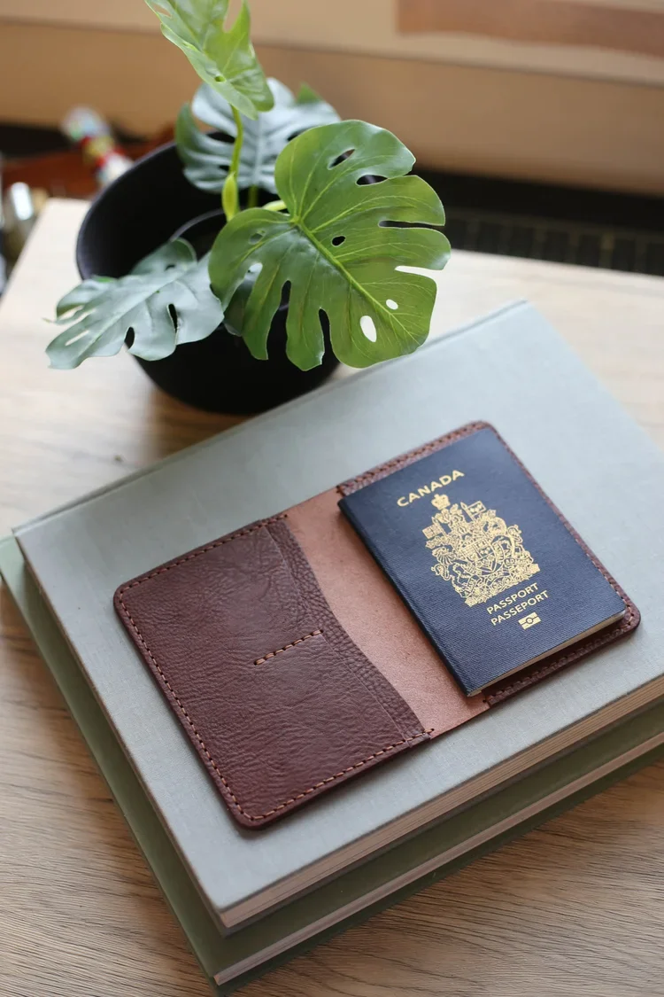 Premium leather passport wallet with multiple pockets for passport, cards, and travel documents.
