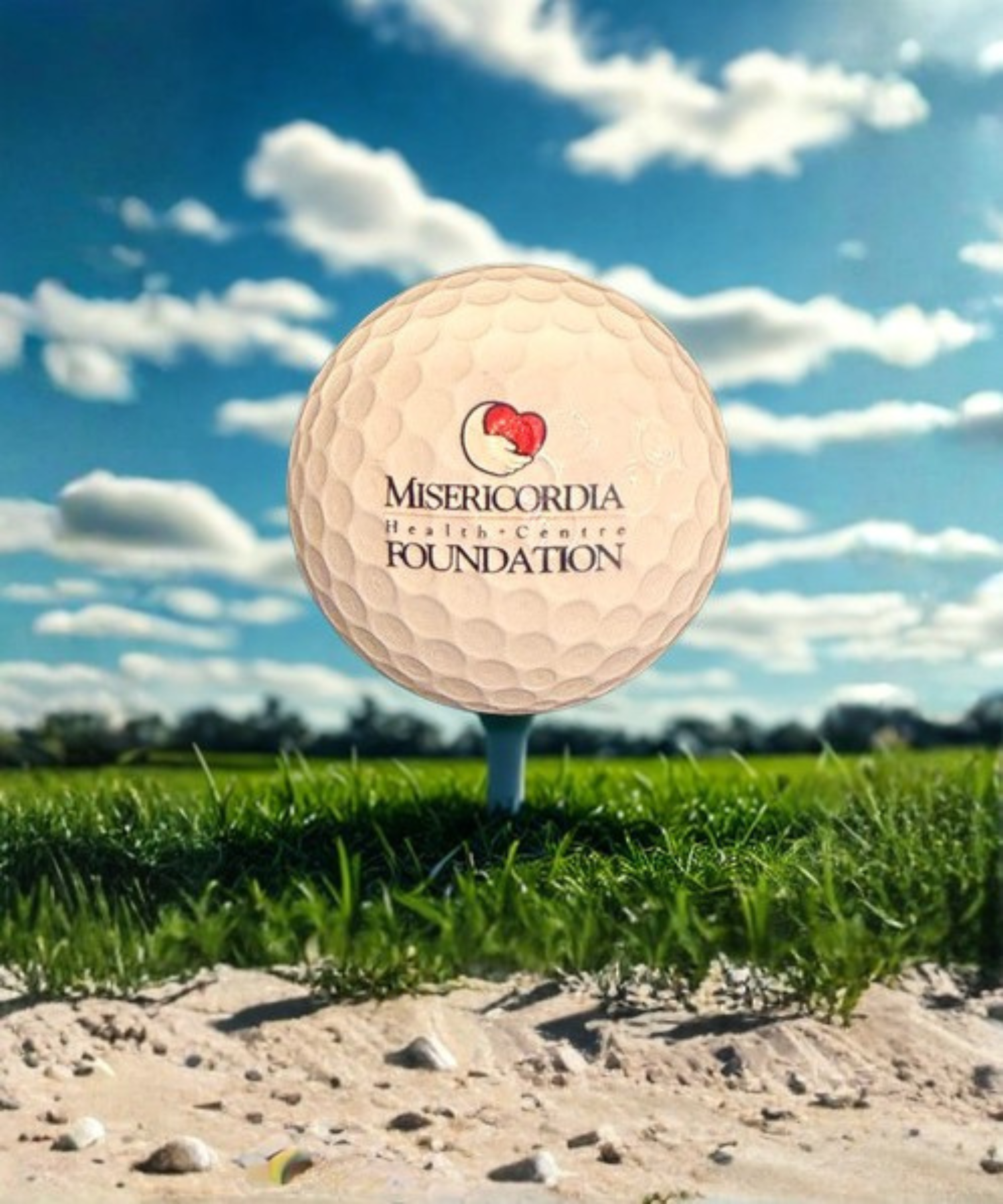 White golf ball with printed with Misercordia Health Centre Foundation logo