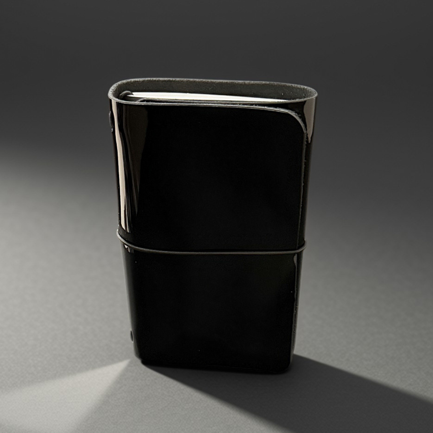 Black patent leather pocket Field Notes tri-fold cover, handmade by JAB Leatherworks