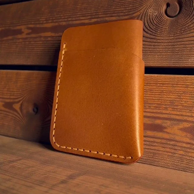 Handcrafted custom vegetable tanned premium full grain leather vertical card holder. Manitoba, Canada