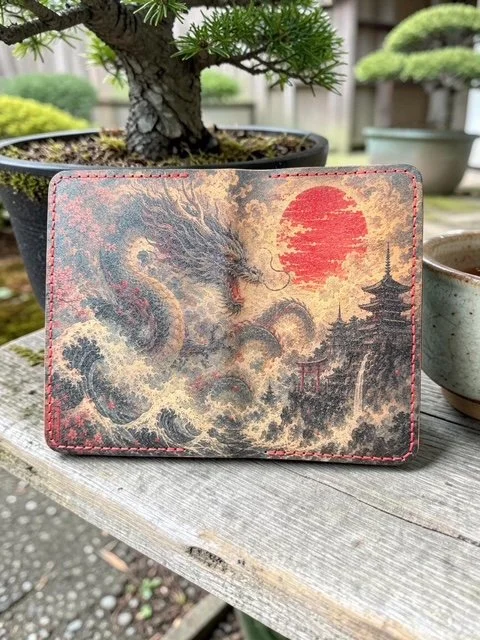 ull-grain leather Field Notes folio UV printed with a dramatic Japanese dragon rising through crashing waves beneath a red sun and pagoda, with red hand-stitching,