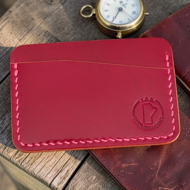 vivid red shell cordovan horizontal card holder with tonal stitching, J.A.B. Leatherworks.