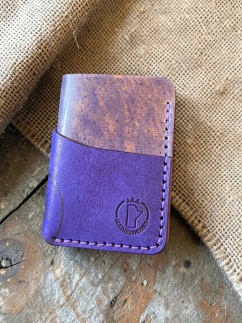 two-texture Rocado shell cordovan vertical three-pocket card holder in deep purple with smooth and mottled panels, handcrafted by J.A.B. Leatherworks, Canada.