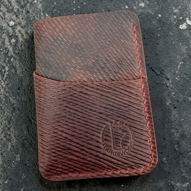 textured burgundy shell cordovan vertical card holder with red stitching, J.A.B. Leatherworks