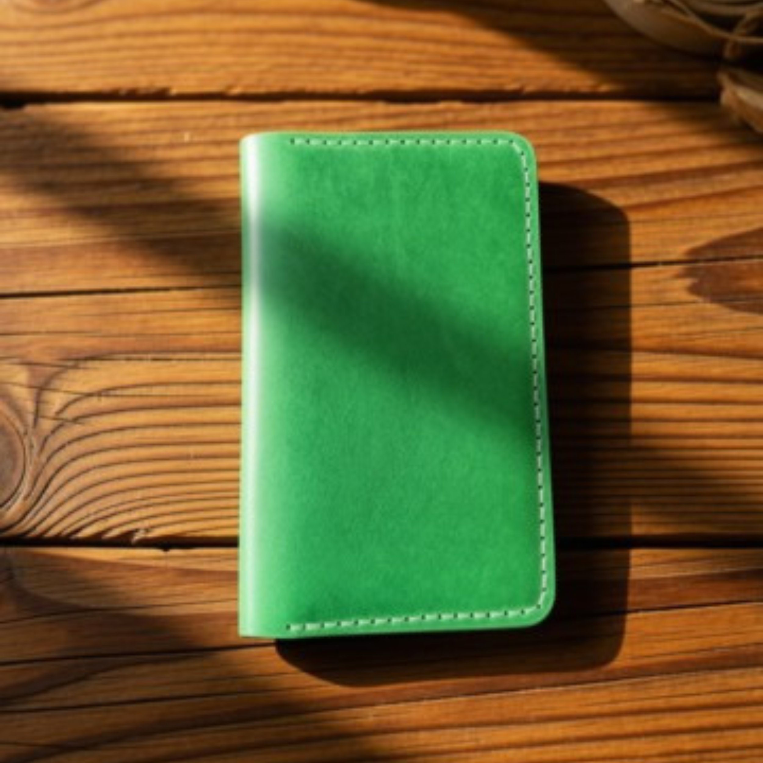 Green Buttero leather Field Notes wallet with card slots and a notebook, handmade by JAB Leatherworks