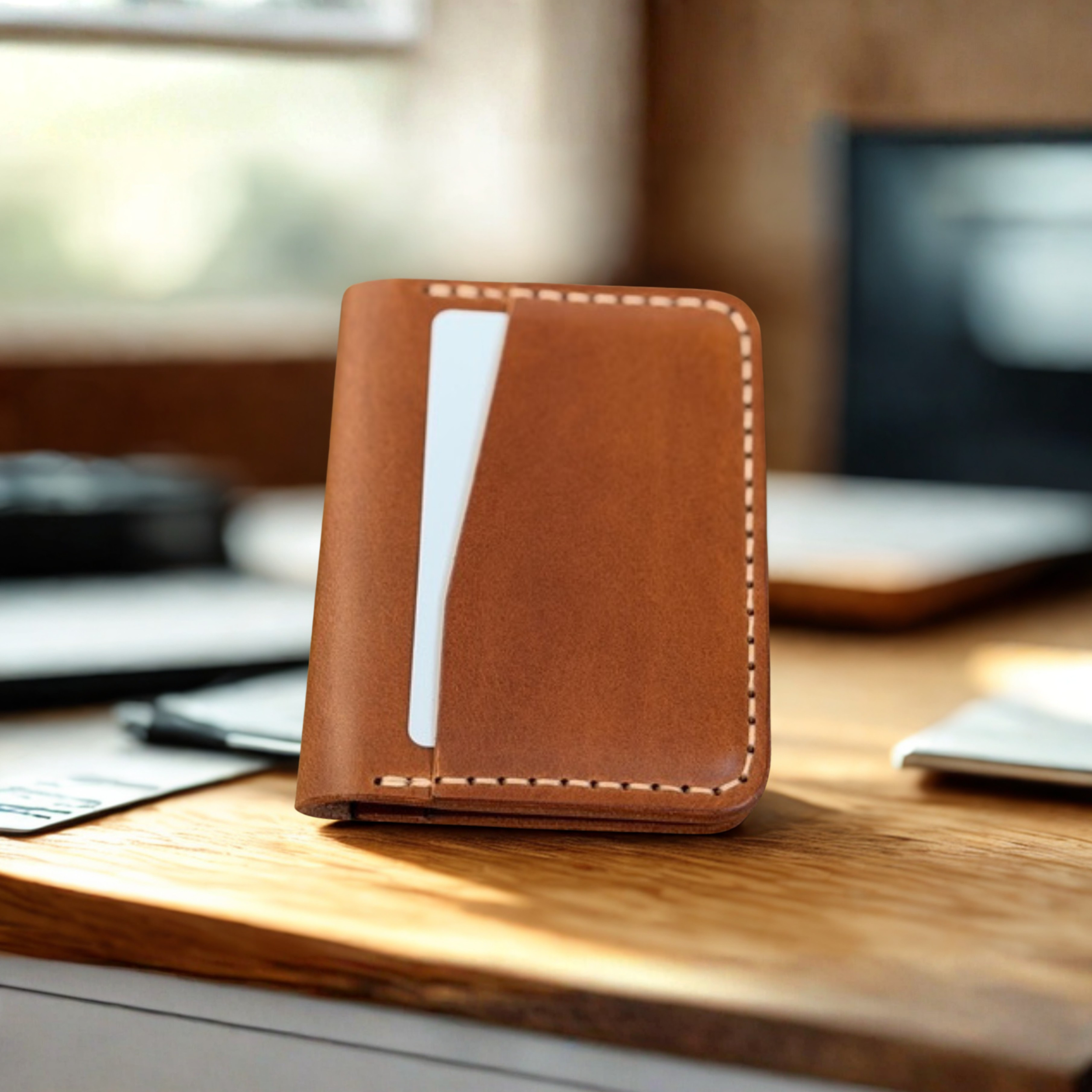 handcrafted minimalist full grain leather bifold card holder wallet personalized gift for him Winnipeg, Canada