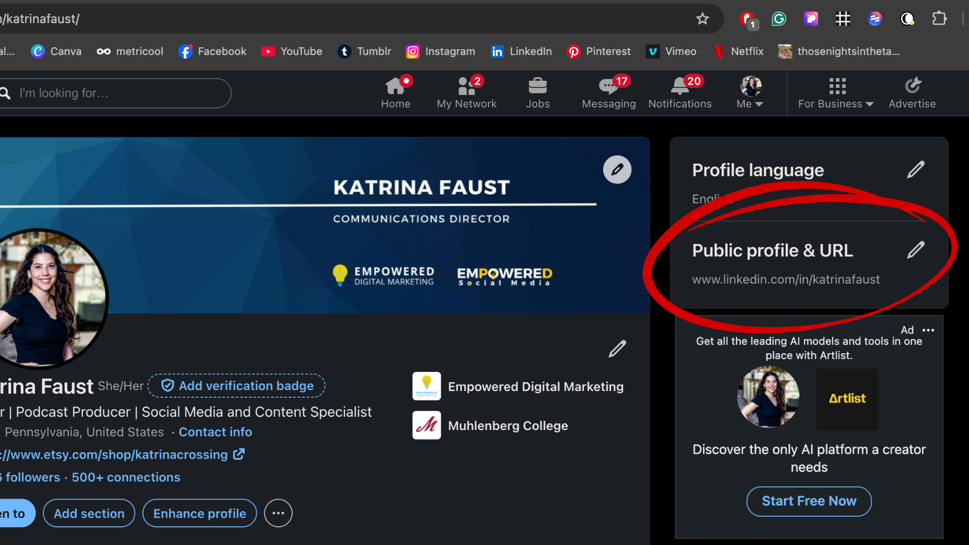 screenshot showing where to edit your LinkedIn profile URL