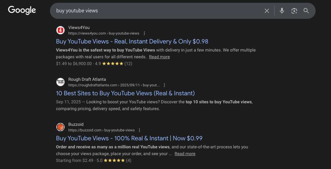 screenshot showing google search "buy youtube views"