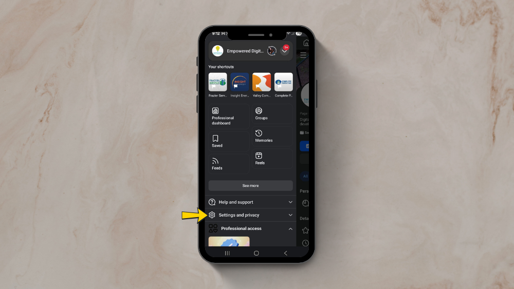 facebook screenshot of settings privacy to change business name on mobile