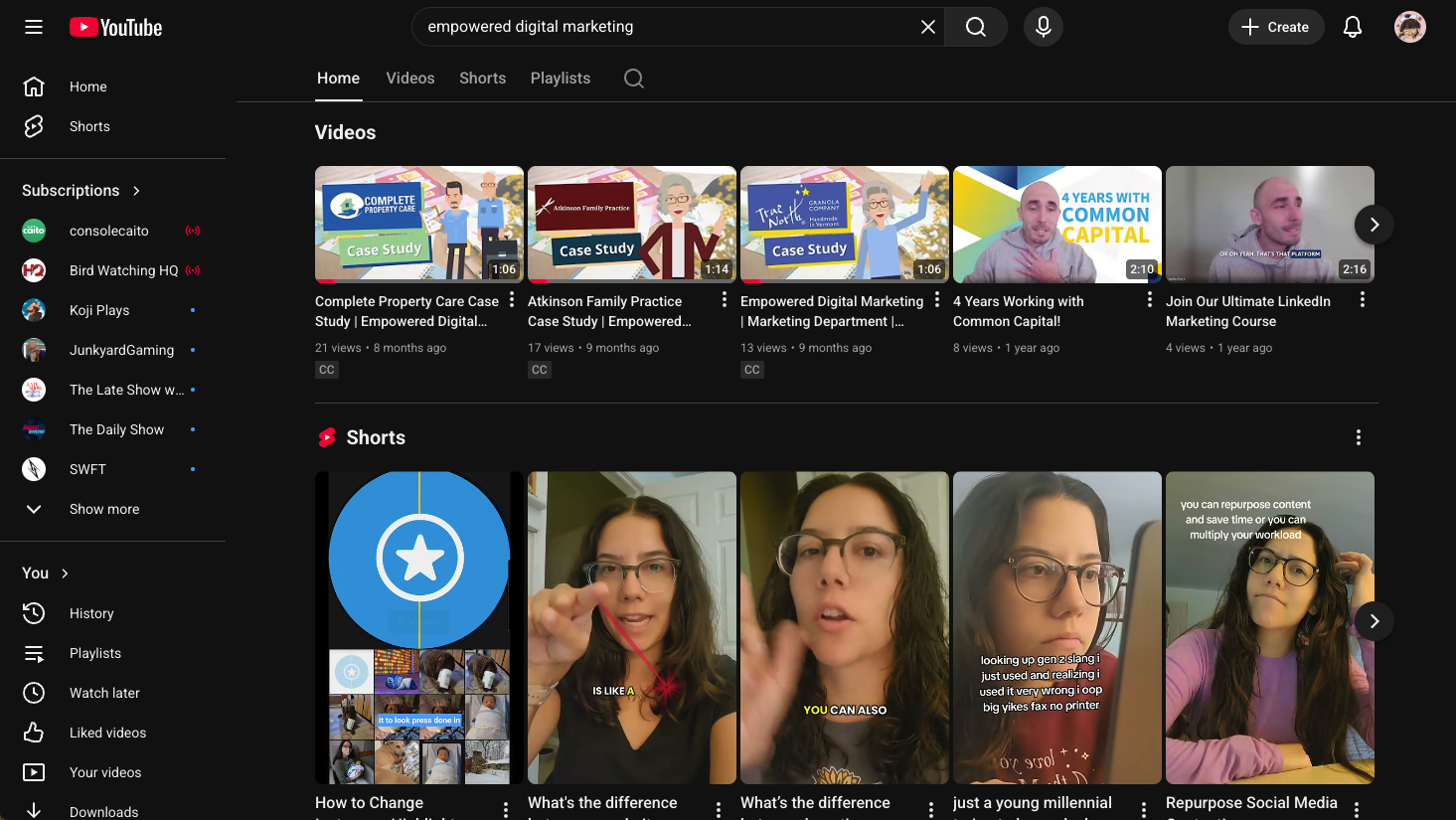 Empowered Digital Marketing youtube channel screenshot showing youtube videos and youtube shorts
