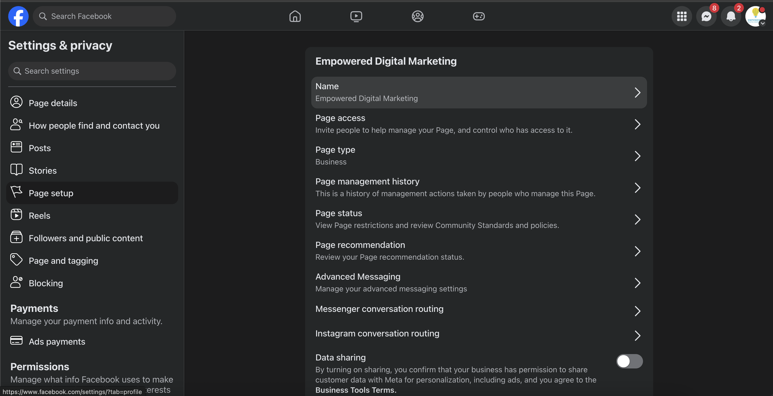screenshot showing where to change your name on facebook business page