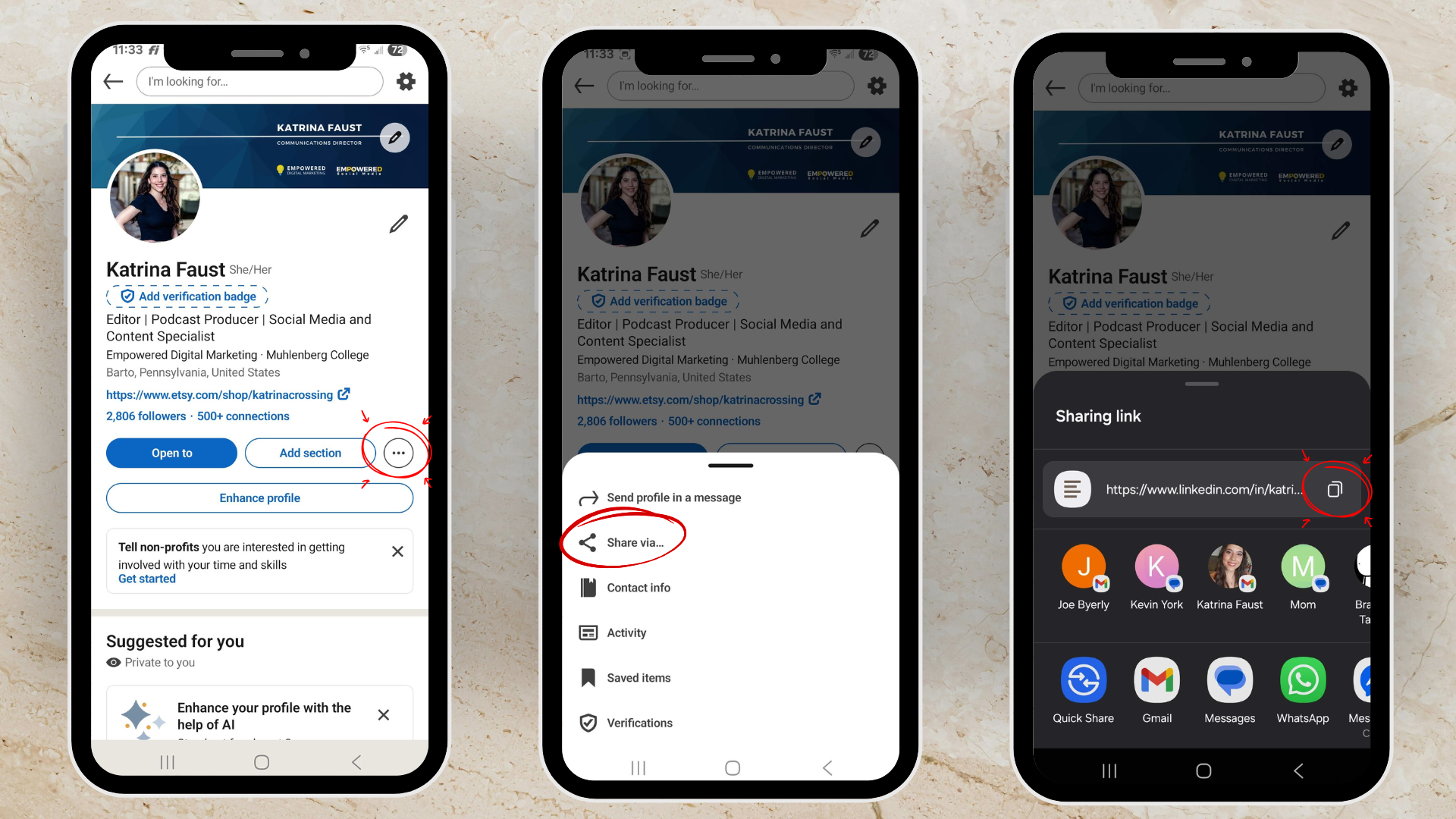 screenshots of phone showing where to find LinkedIn URL in mobile app