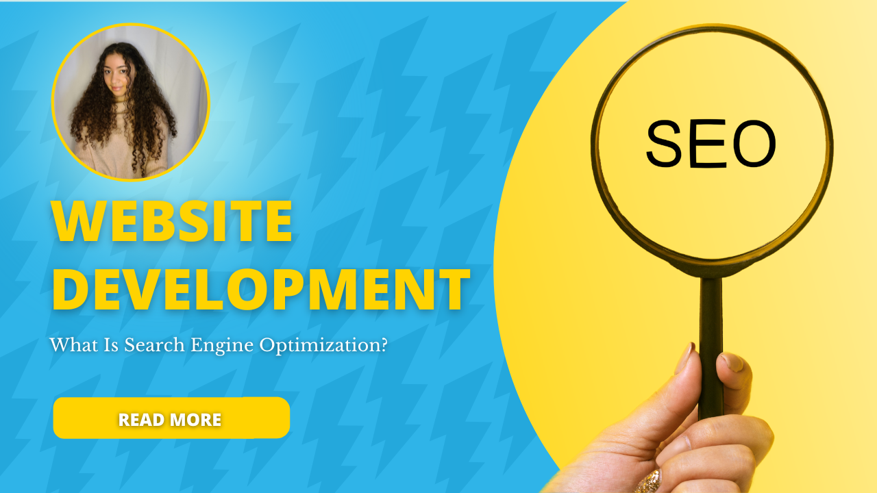 A website development blog thumbnail with the title of the blog on it and a hand holding a magnifying glass to the word "SEO."