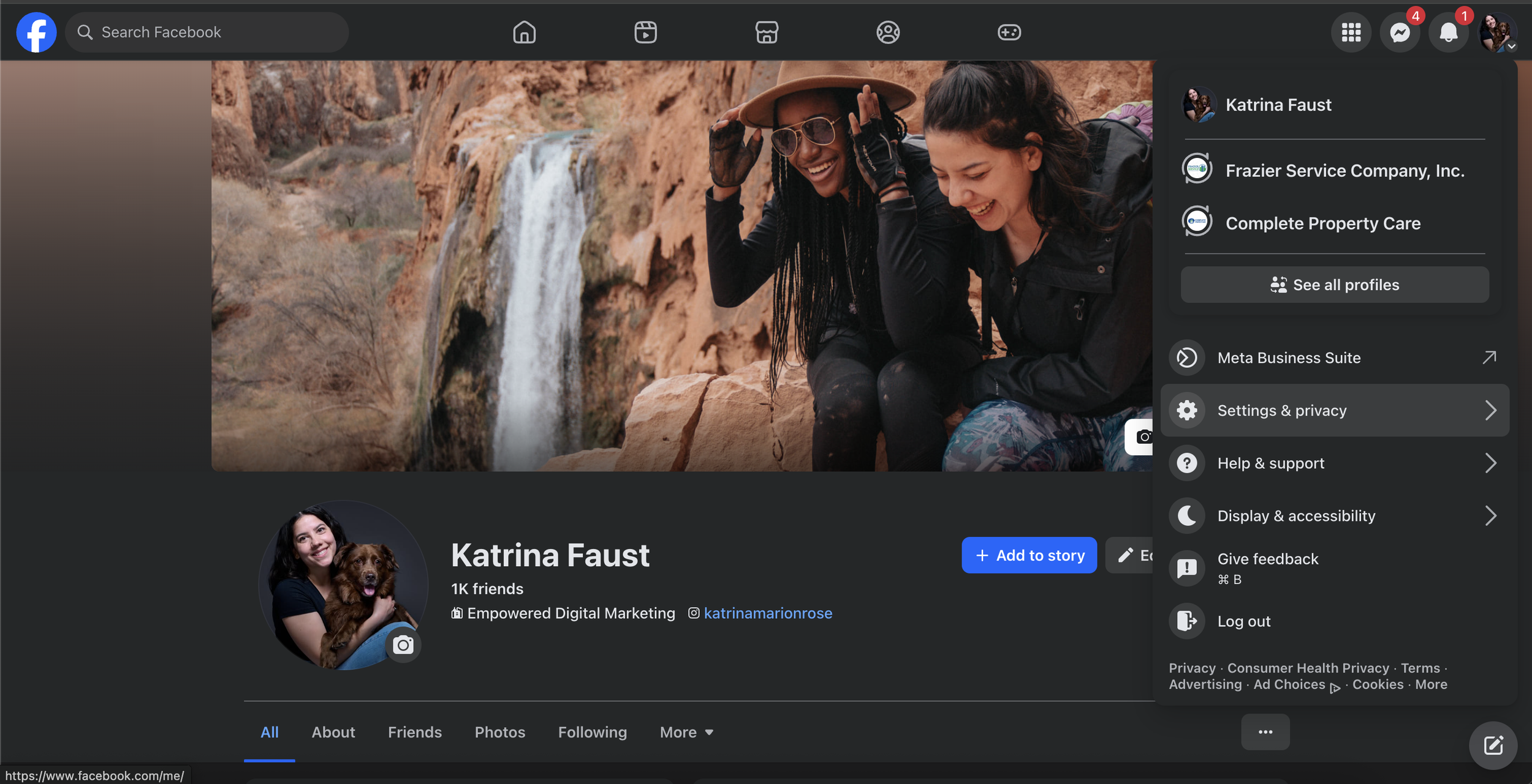 Facebook screenshot showing where to click settings then click settings privacy to change your name on facebook