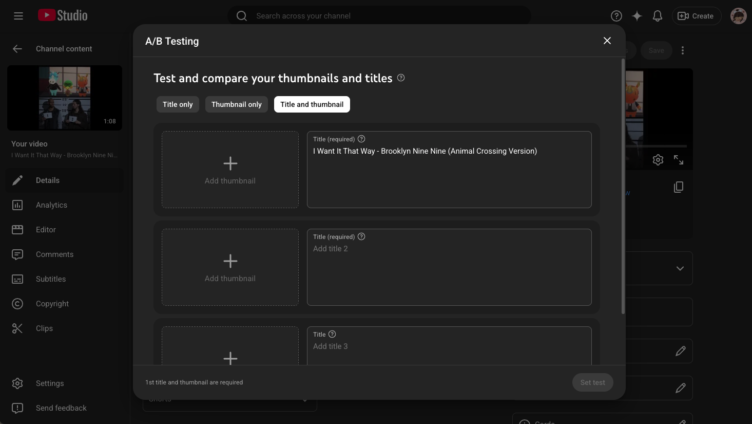 youtube channel screenshot of A/B testing area for title and thumbnails with new AI features for high quality content