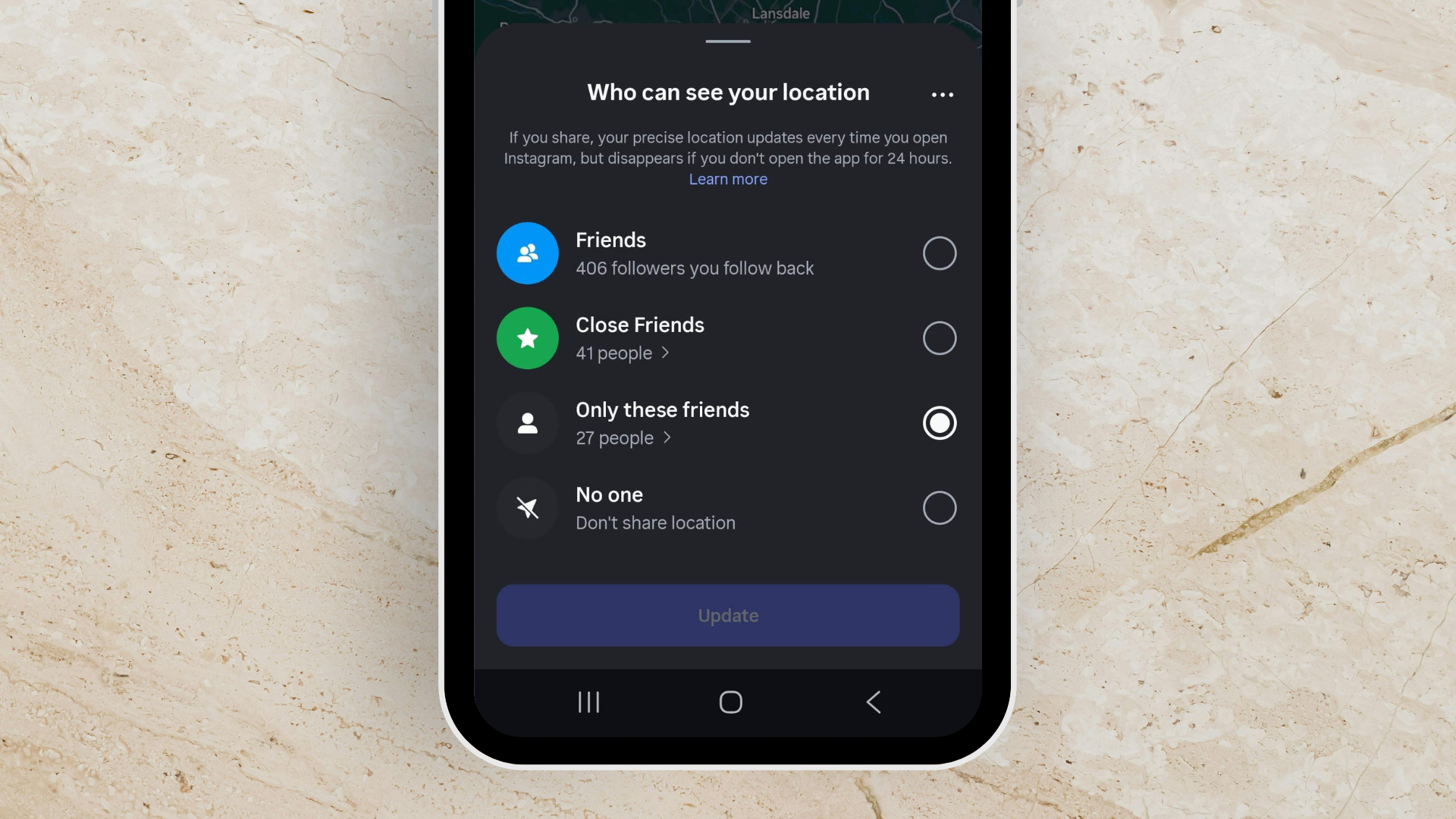settings icon pop up for current location settings tap share.