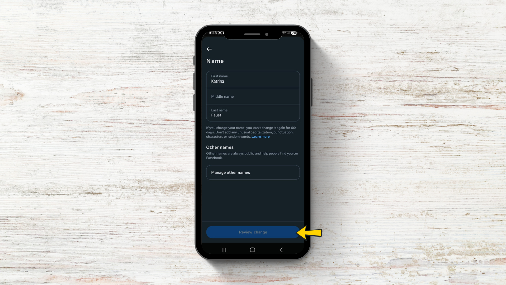 screenshot of where to click review change after changing facebook name in accounts center