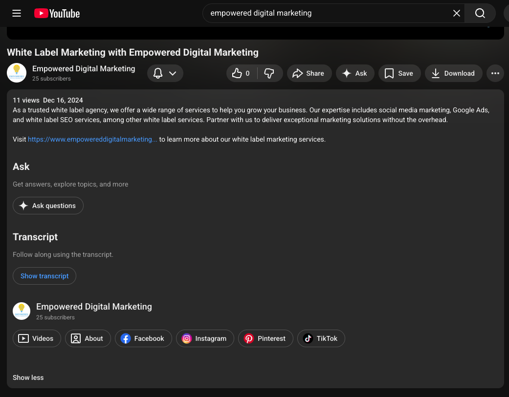 youtube screenshot showing how to create videos descriptions that direct people to convert and turn viewers into customers