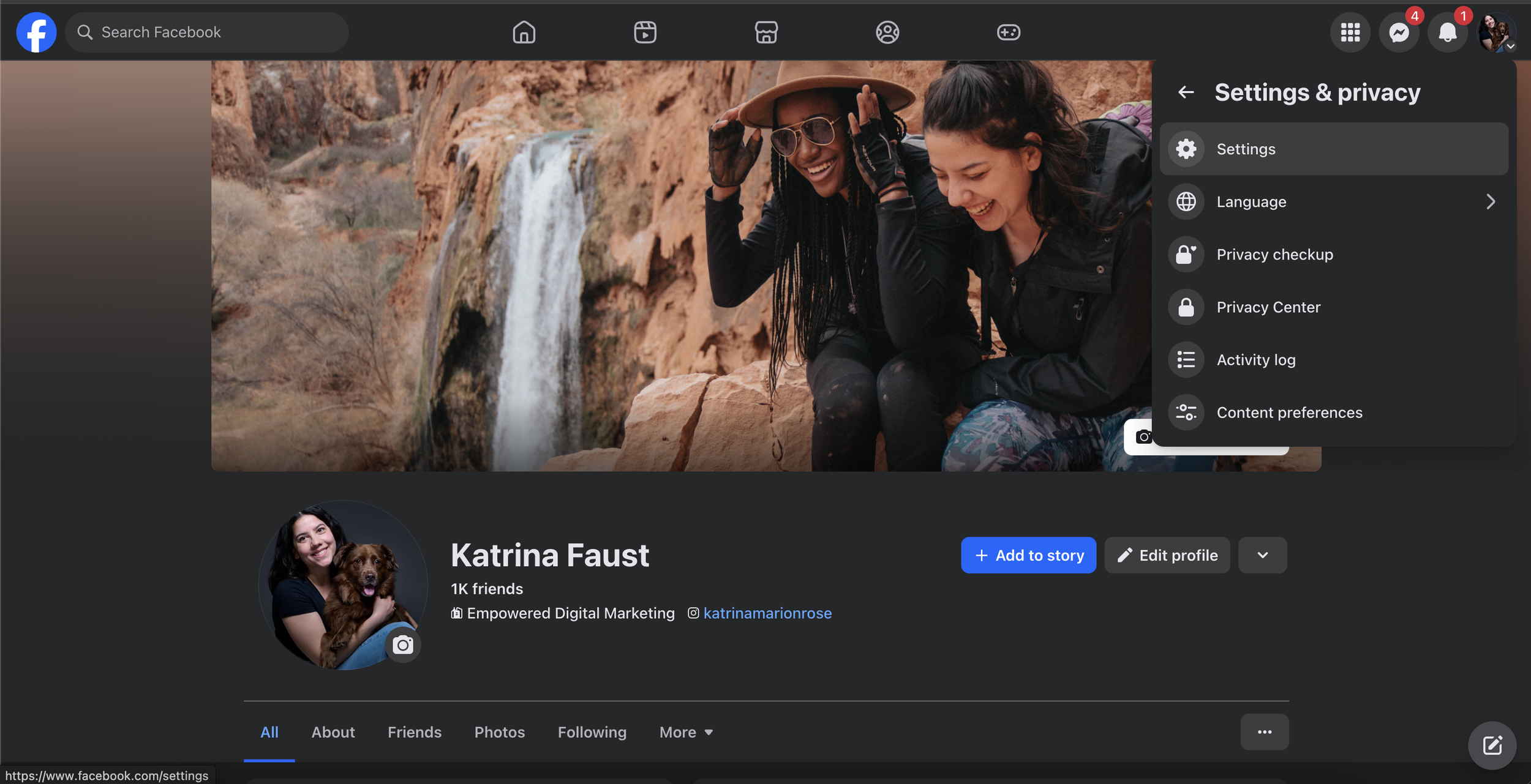 From settings privacy area, click settings to go to account settings