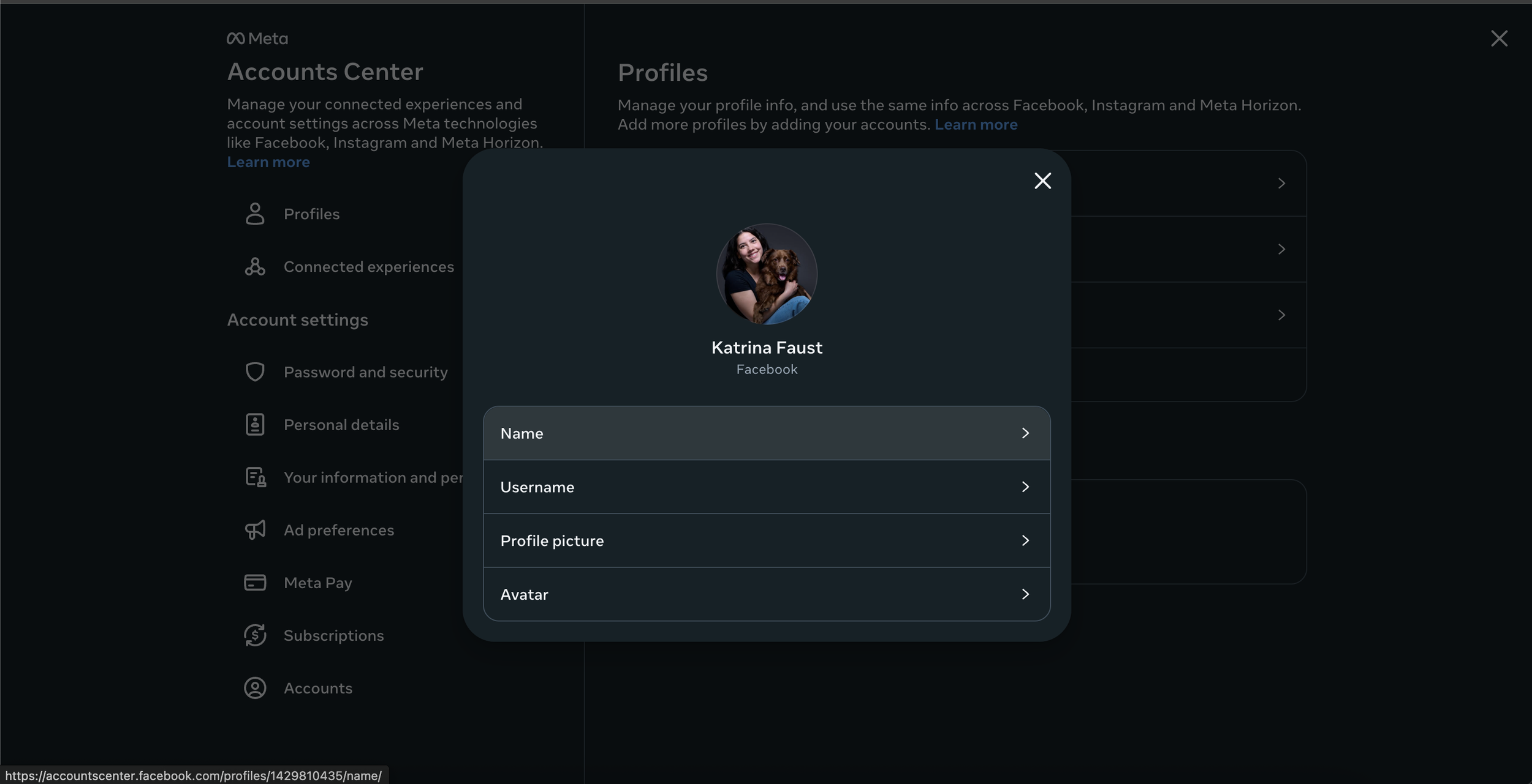 Click name to change your name and review change