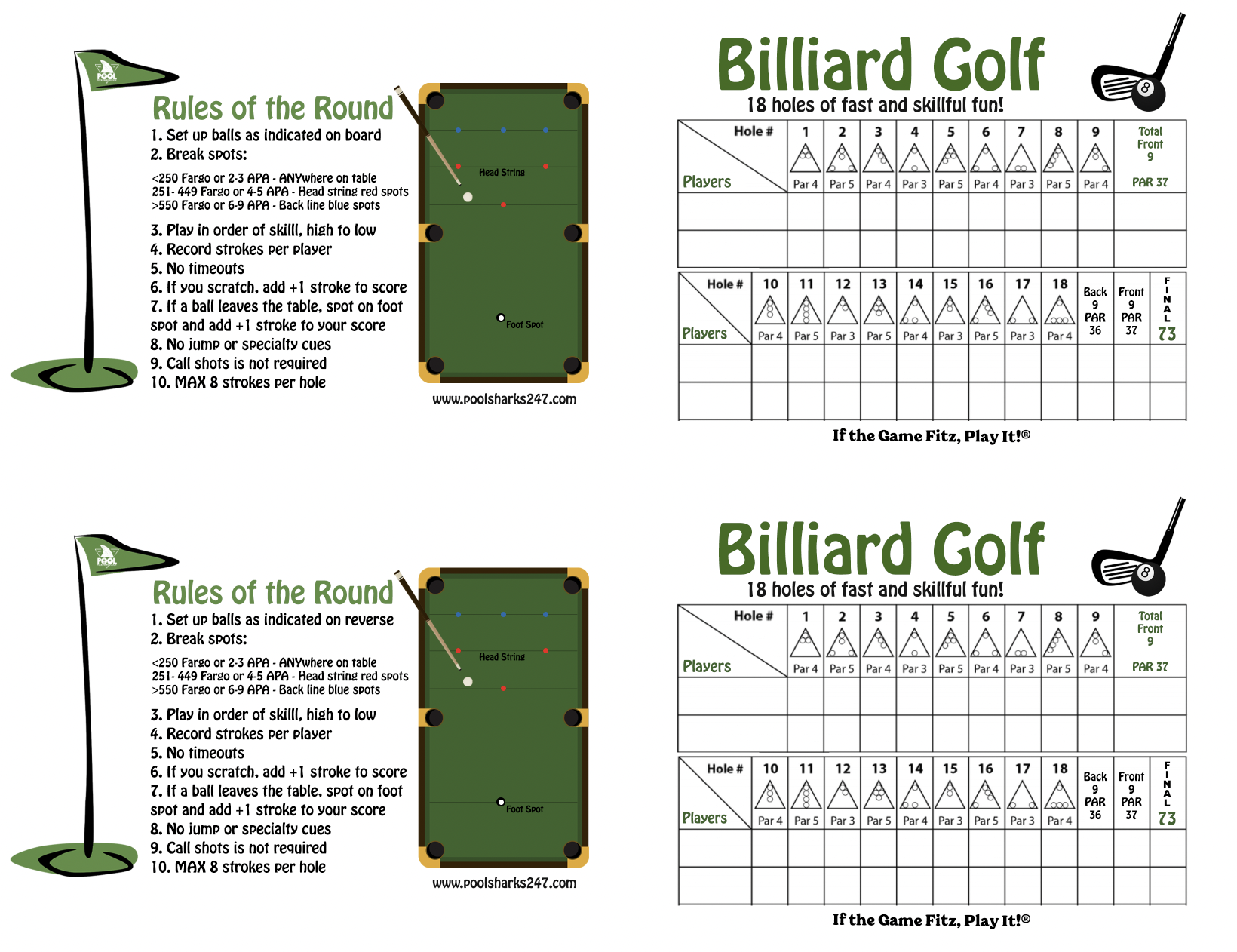 Billiard Golf Game Scoresheet & Hole Set Up - Download and Print PDF