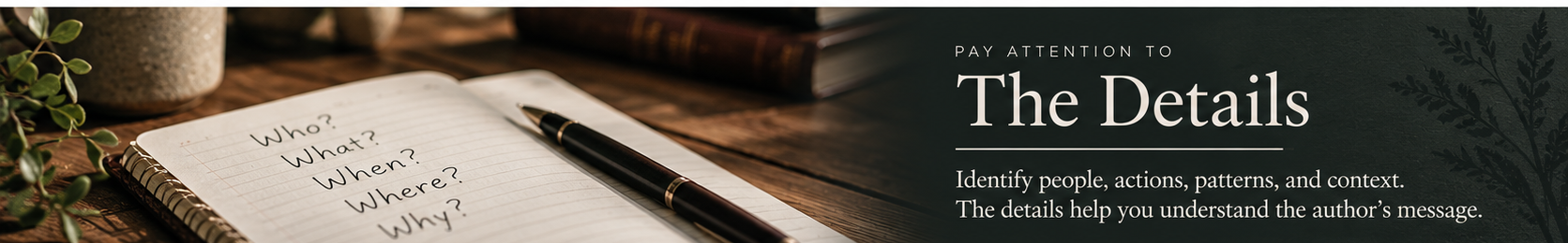 Bible study notebook with observation questions beside a pen and a reminder to examine people, actions, patterns, and context.