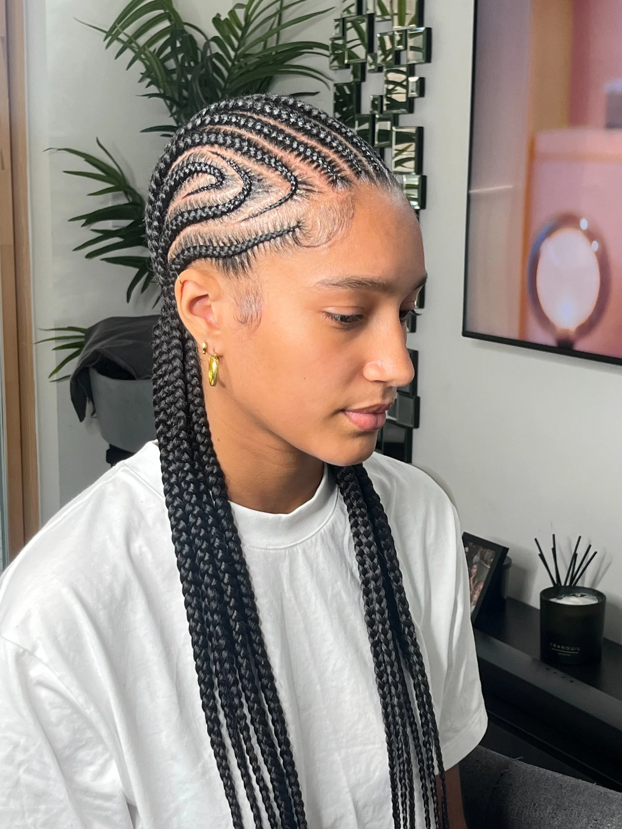 Young woman with intricate braided hairstyle and gold hoop earrings, sitting in a room with houseplants, framed photographs, and a wall-mounted TV.