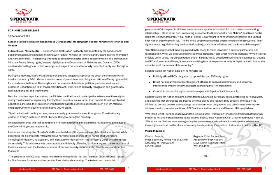FOR IMMEDIATE RELEASE: Sipekne’katik First Nation Responds to Disrespectful Meeting with Federal Minister of Fisheries and Oceans 