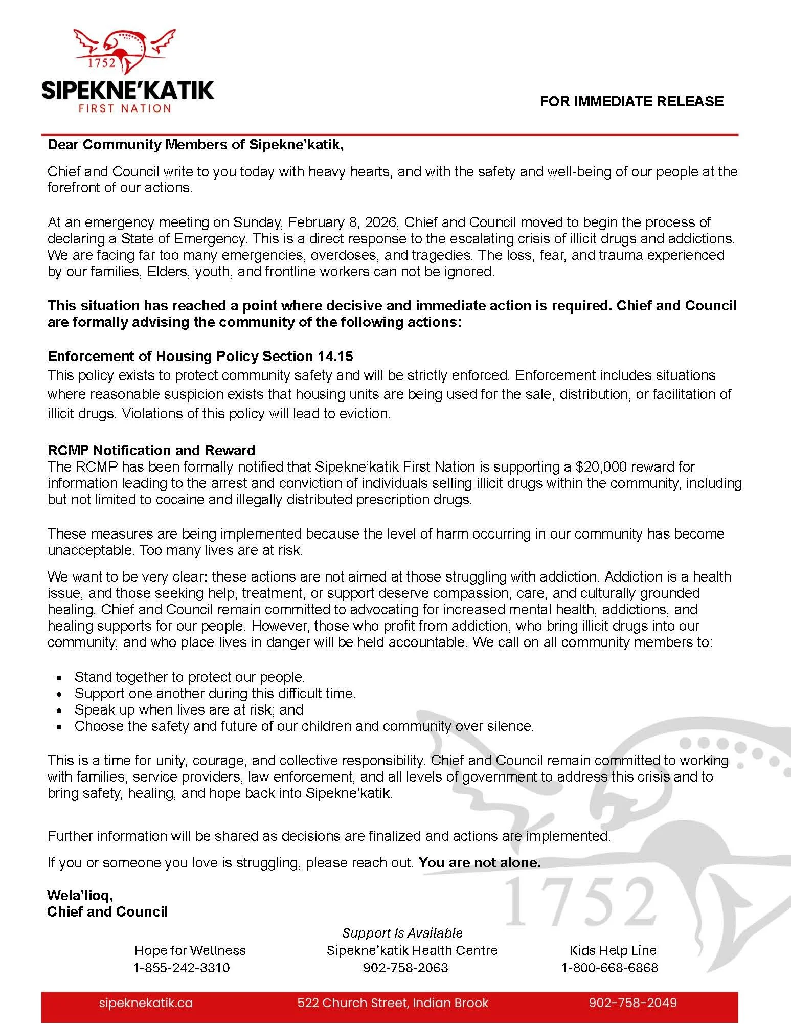 Community Notice from Sipekne’katik Chief &amp; Council