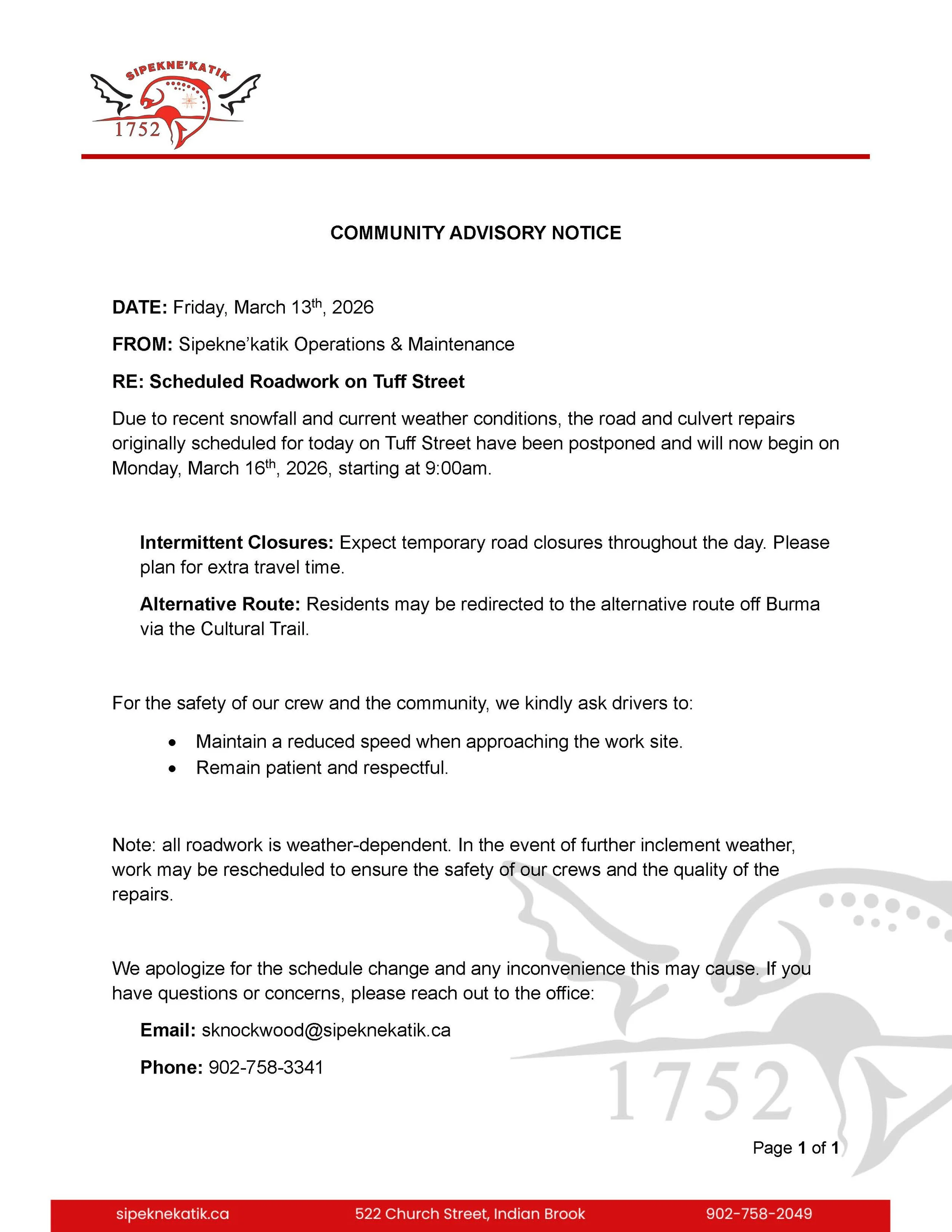 Community Advisory Notice: Rescheduled Roadwork on Tuff Street