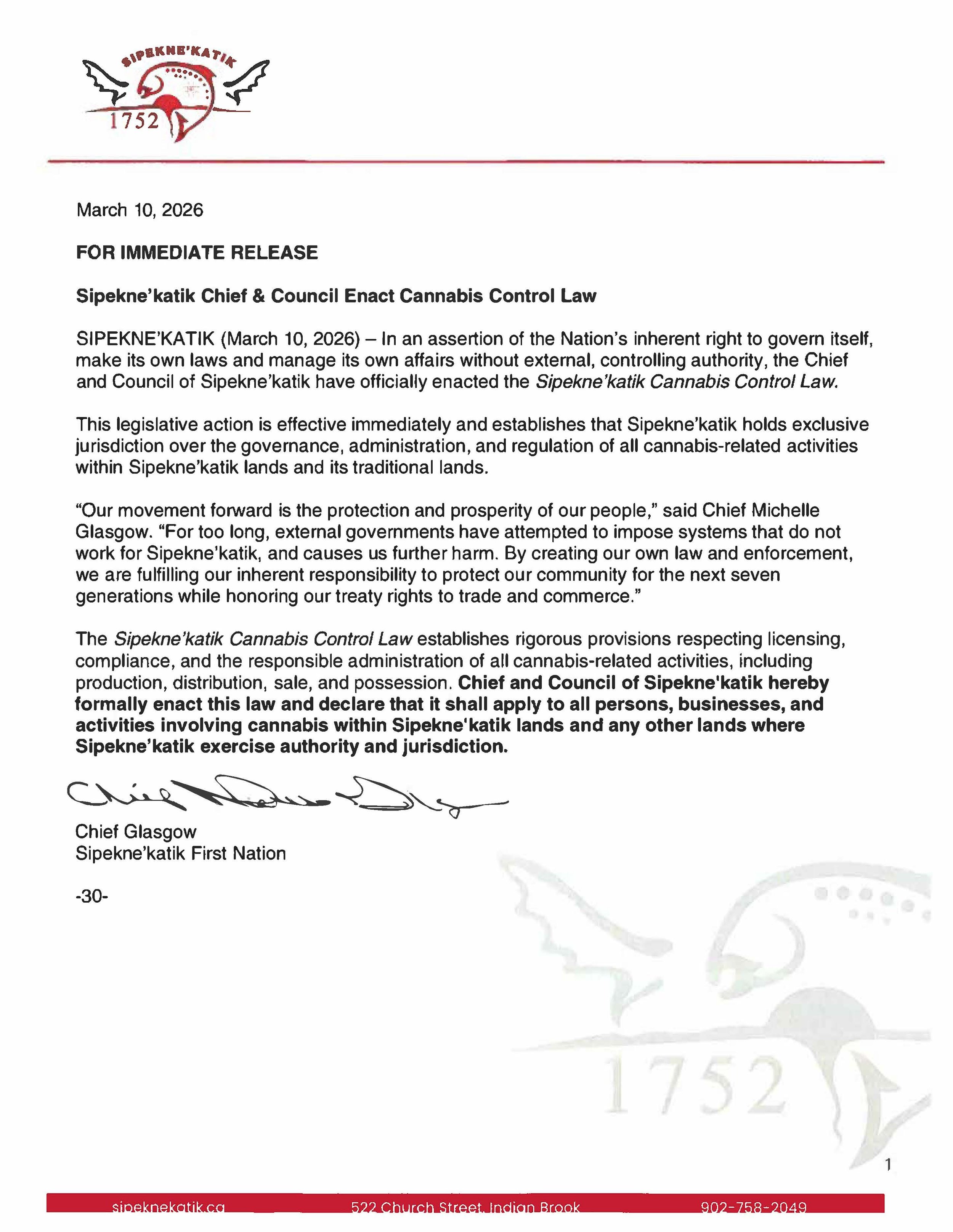 FOR IMMEDIATE RELEASE: Sipekne’katik Chief &amp; Council Enact Cannabis Control Law