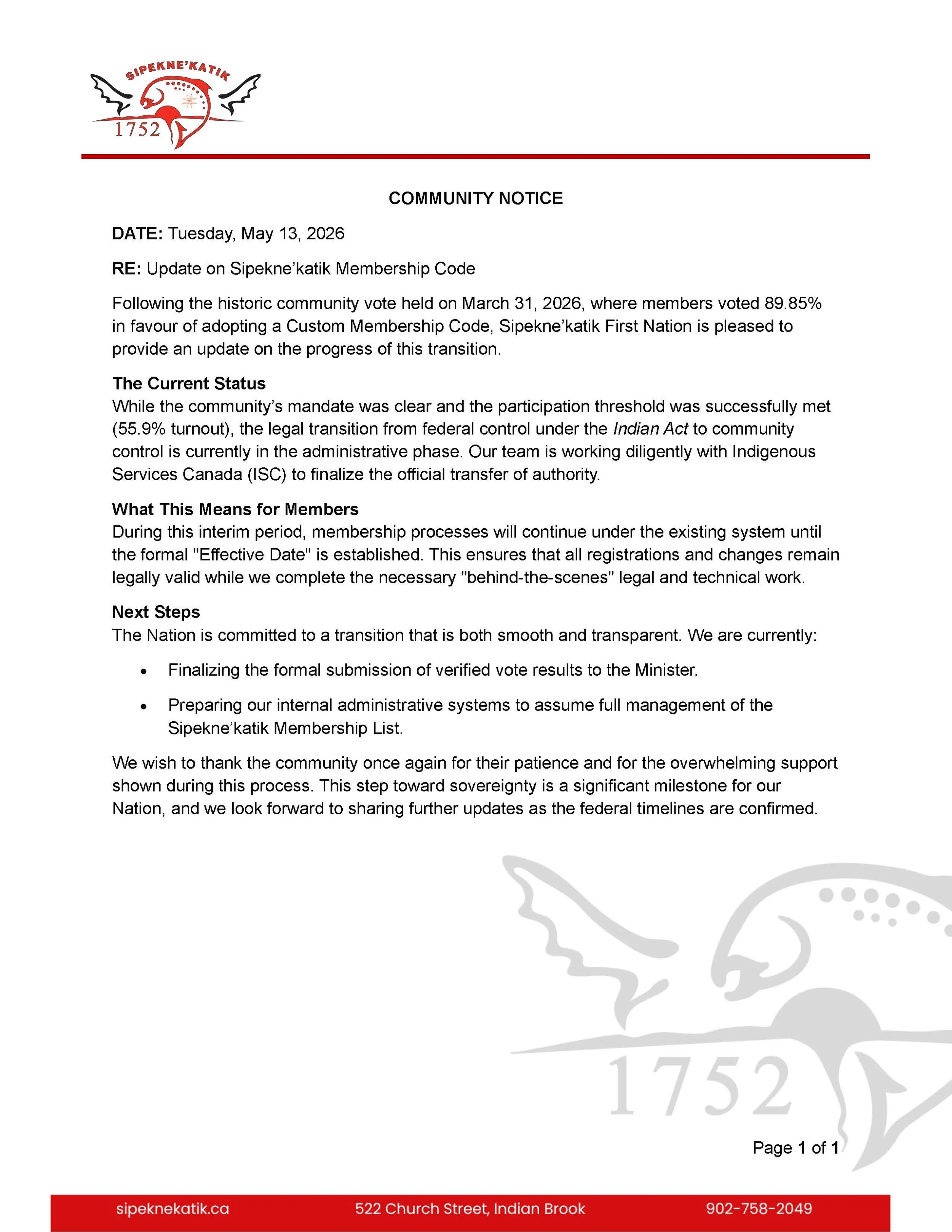 COMMUNITY NOTICE: Update on Sipekne’katik Membership Code